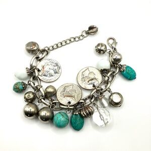 Vintage Teal & Silver Tone Coin Chain Bracelet